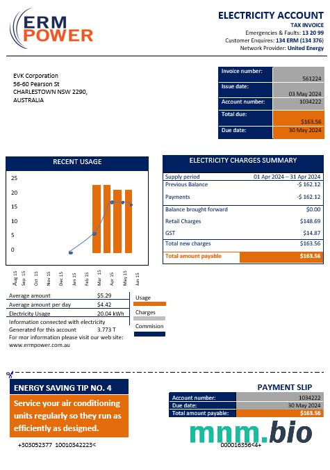 Australia ERM Power electricity proof of address rachunek za usługi komunalne szablon w formacie Word i PDF